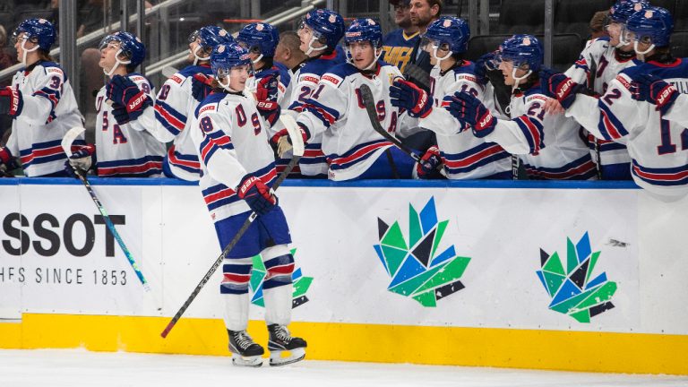 USA's Logan Cooley (18) celebrates his goal against Czechia during first period IIHF World Junior Hockey Championship quarterfinal action in Edmonton on Wednesday. (Jason Franson/CP)