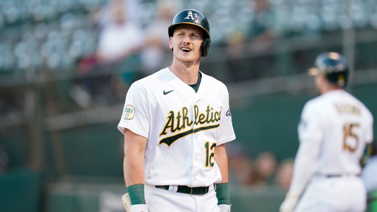 Oakland Athletics' Sean Murphy reacts after being called out on strikes against the Miami Marlins during the first inning of a baseball game. (Godofredo A. Vasquez/AP)