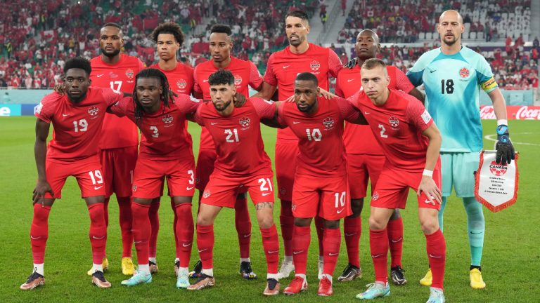 Canada players pose ahead of first half group F World Cup soccer action against Morocco at the Al Thumama Stadium in Doha, Qatar on Thursday, December 1, 2022. THE CANADIAN PRESS/Nathan Denette