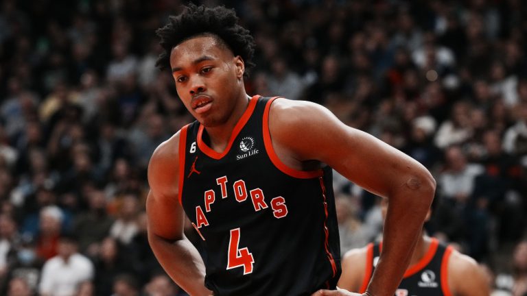 Toronto Raptors forward Scottie Barnes (4) looks on during second half NBA basketball action against the Boston Celtics, in Toronto, Monday, Dec. 5, 2022. THE CANADIAN PRESS/Chris Young