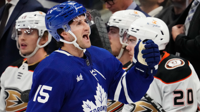 Toronto Maple Leafs' Alexander Kerfoot celebrates his goal against the Anaheim Ducks during first period NHL hockey action in Toronto on Tuesday, December 13, 2022. (CP)