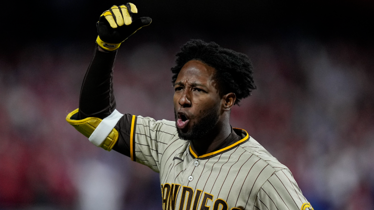 San Diego Padres' Jurickson Profar reacts after striking out during the ninth inning in Game 3 of the baseball NL Championship Series between the San Diego Padres and the Philadelphia Phillies on Friday, Oct. 21, 2022, in Philadelphia. (AP)