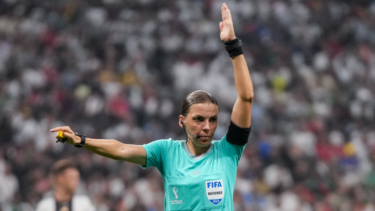 Referee Stephanie Frappart in action during during the World Cup group E soccer match between Costa Rica and Germany at the Al Bayt Stadium in Al Khor, Qatar, Thursday, Dec. 1, 2022. (AP)