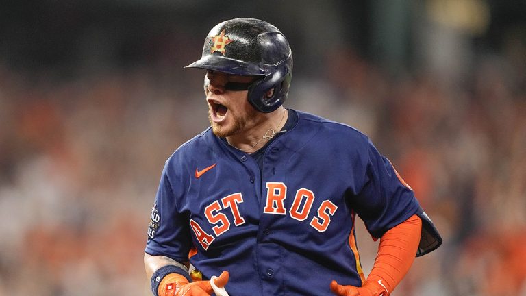 Former Houston Astros catcher Christian Vazquez celebrates his RBI single during the sixth inning in Game 6 of baseball's World Series between the Houston Astros and the Philadelphia Phillies on Saturday, Nov. 5, 2022, in Houston. (David J. Phillip/AP)