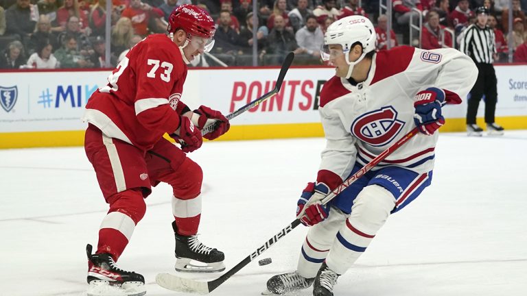 Detroit Red Wings left wing Adam Erne (73) defends Montreal Canadiens defenseman Chris Wideman (6) in the first period of an NHL hockey game Friday, Oct. 14, 2022, in Detroit. (Paul Sancya/AP)