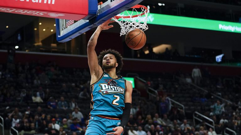 Detroit Pistons guard Cade Cunningham dunks against the Atlanta Hawks in the first half of an NBA basketball game in Detroit, Friday, Oct. 28, 2022. (Paul Sancya/AP)