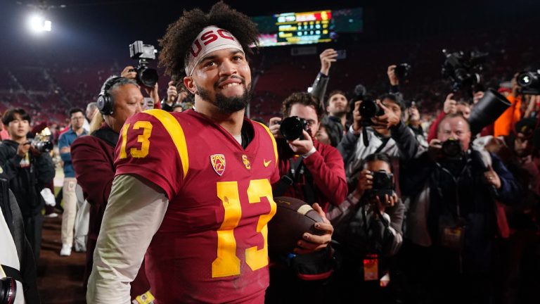 Southern California quarterback Caleb Williams smiles after USC defeated Notre Dame 38-27 in an NCAA college football game. (Mark J. Terrill/AP)