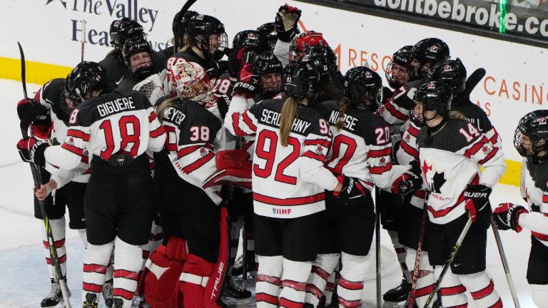 Canada players celebrate after defeating the United States in a Rivalry Series hockey game Thursday, Dec. 15, 2022, in Henderson, Nev. (John Locher/AP)