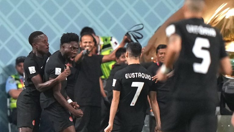 Canada forward Alphonso Davies, second from left, celebrates his goal against Croatia with teammates during first half group F World Cup soccer action at the Khalifa International Stadium in Al Rayyan, Qatar on Sunday, Nov. 27, 2022. Nathan Denette/THE CANADIAN PRESS