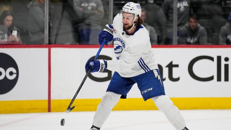 Tampa Bay Lightning center Anthony Cirelli shoots during an NHL hockey practice. (John Locher/AP)