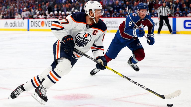 Connor McDavid of the Edmonton Oilers and Cale Makar of the Colorado Avalanche — two players who put in historic NHL performances in 2022. (Harry How/Getty)