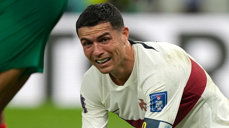 Portugal's Cristiano Ronaldo reacts after missing an opportunity to score during the World Cup quarterfinal soccer match between Morocco and Portugal, at Al Thumama Stadium in Doha, Qatar, Saturday, Dec. 10, 2022. (Martin Meissner/AP)