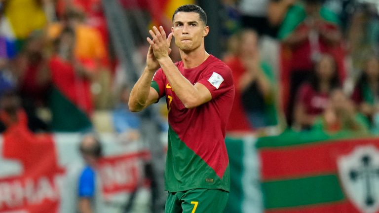 Portugal's Cristiano Ronaldo applauds while leaving to pitch to be substituted during the World Cup group H soccer match between Portugal and Uruguay, at the Lusail Stadium in Lusail, Qatar, Monday, Nov. 28, 2022. (Petr David Josek/AP)