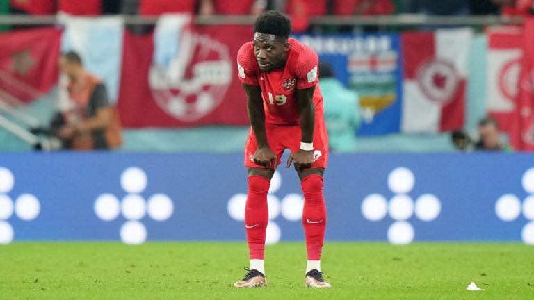 Canada forward Alphonso Davies (19) reacts after a loss to Morocco in group F World Cup soccer action at the Al Thumama Stadium in Doha, Qatar on Thursday, December 1, 2022. (Nathan Denette/CP)