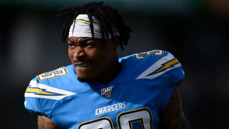 Los Angeles Chargers free safety Derwin James watches during warmups before an NFL football game against the Oakland Raiders in Carson, Calif. on Dec. 22, 2019. Derwin James was ejected from a game on Dec. 26, 2022 for a helmet-to-helmet hit on Indianapolis Colts WR Ashton Dulin (Kelvin Kuo/AP Photo)