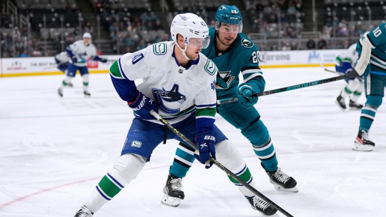 Vancouver Canucks center Elias Pettersson battles for the puck against San Jose Sharks right wing Timo Meier during the first period of an NHL hockey game, Sunday, Nov. 27, 2022, in San Jose, Calif. (Tony Avelar/AP)