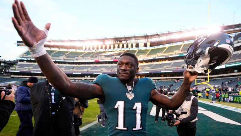 Philadelphia Eagles' A.J. Brown celebrates as he leaves the field after defeating the Tennessee Titans in an NFL football game, Sunday, Dec. 4, 2022, in Philadelphia. (Matt Rourke/AP)