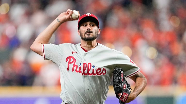 Philadelphia Phillies pitcher Zach Eflin throws during the seventh inning in Game 6 of baseball's World Series between the Houston Astros and the Philadelphia Phillies on Saturday, Nov. 5, 2022, in Houston. (Tony Gutierrez/AP Photo)