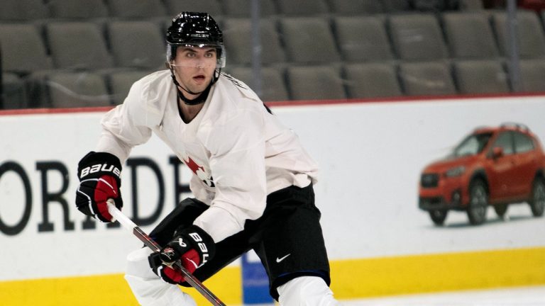 Adam Fantilli looks for a pass during the Canadian World Junior Hockey Championships selection camp in Moncton, N.B., Friday, December 9, 2022. (Ron Ward/The Canadian Press)