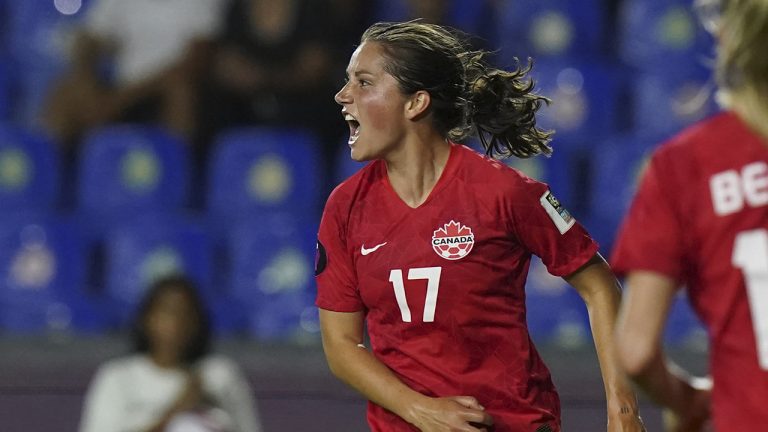 Canada's Jessie Fleming (17) celebrates scoring her side's opening goal against Jamaica during a CONCACAF Women's Championship soccer semifinal match in Monterrey, Mexico, Thursday, July 14, 2022. (Fernando Llano/AP)