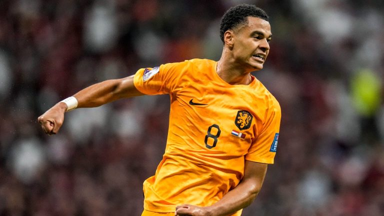 Cody Gakpo of the Netherlands celebrates after scoring his side's opening goal during the World Cup group A soccer match between the Netherlands and Qatar, at the Al Bayt Stadium in Al Khor , Qatar, Tuesday, Nov. 29, 2022. (Moises Castillo/AP Photo)