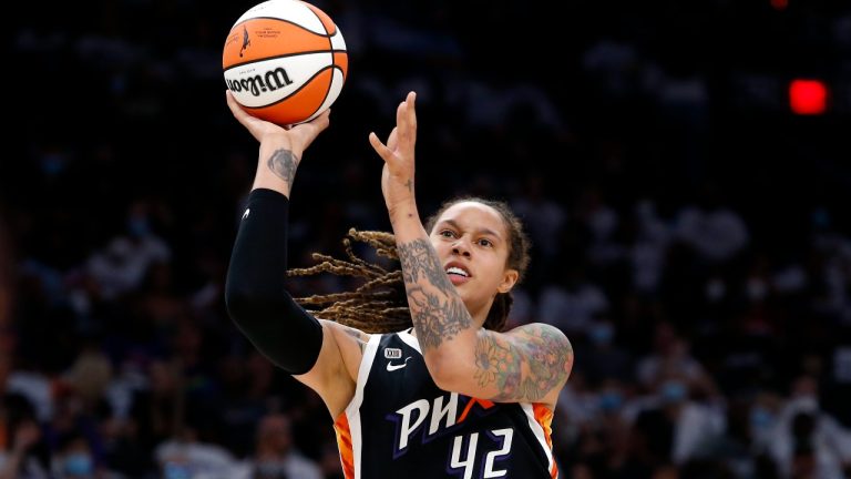 Phoenix Mercury center Brittney Griner (42) shoots during the first half of Game 1 of the WNBA basketball Finals against the Chicago Sky, on Oct. 10, 2021, in Phoenix. (AP Photo)