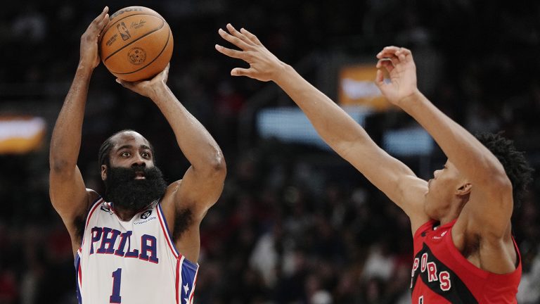 Philadelphia 76ers guard James Harden (1) shoots over Toronto Raptors forward Scottie Barnes (4) during second half NBA basketball action in Toronto on Wednesday, October 26, 2022. (Frank Gunn/CP)