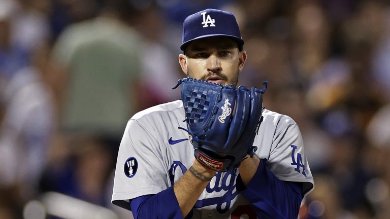 Former Los Angeles Dodgers pitcher Andrew Heaney gets ready to pitch during the fifth inning of the team's baseball game against the New York Mets on Tuesday, Aug. 30, 2022, in New York. (Adam Hunger/AP)