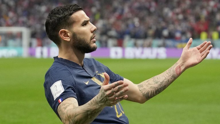 France's Theo Hernandez , celebrates after scoring the opening goal during the World Cup semifinal soccer match between France and Morocco at the Al Bayt Stadium in Al Khor, Qatar, Wednesday, Dec. 14, 2022. (Christophe Ena/AP)