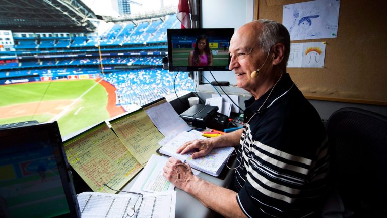 Toronto Blue Jays broadcaster Jerry Howarth overlooks the field from his broadcast booth before the Toronto Blue Jays play against the Chicago White Sox during first inning AL baseball action in Toronto on Saturday, June 17, 2017. (Nathan Denette/The Canadian Press)