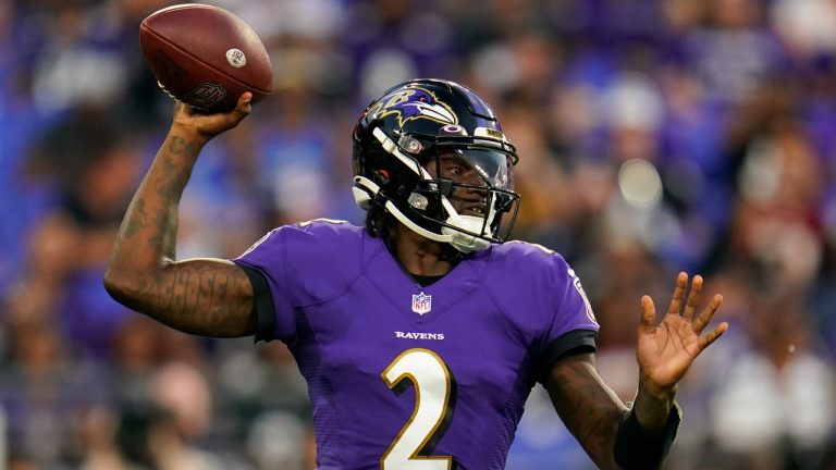 Baltimore Ravens quarterback Tyler Huntley throws to a receiver in the first half of a preseason NFL football game against the Washington Commanders, Saturday, Aug. 27, 2022, in Baltimore. (Julio Cortez/AP Photo)