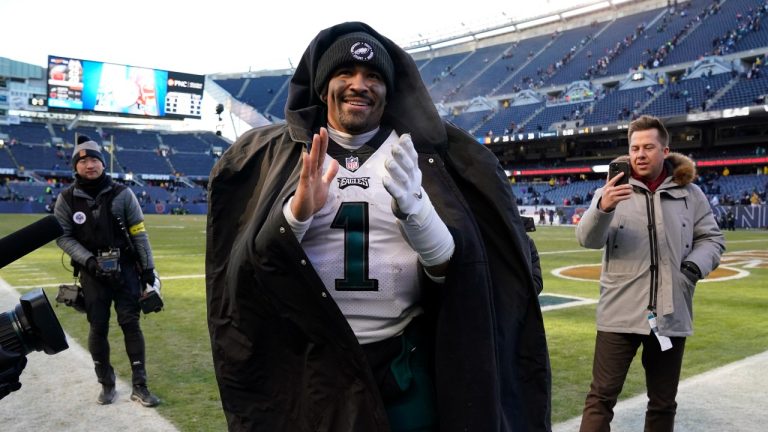 Philadelphia Eagles' Jalen Hurts reacts after an NFL football game against the Chicago Bears, Sunday, Dec. 18, 2022, in Chicago. (Nam Y. Huh/AP Photo)