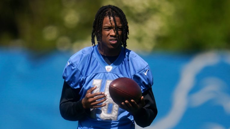 Detroit Lions wide receiver Jameson Williams watches during an NFL football practice in Allen Park, Mich., Saturday, May 14, 2022. (Paul Sancya/AP)