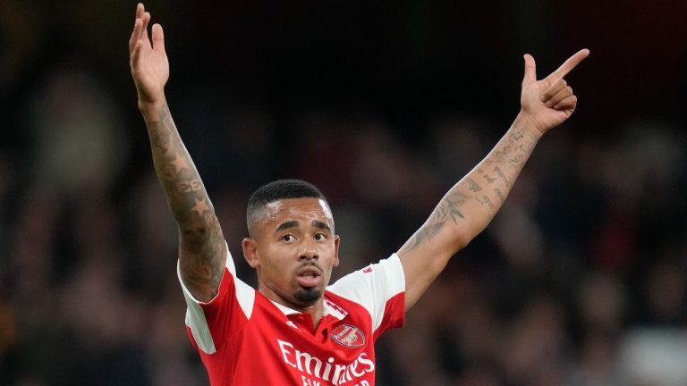 Arsenal's Gabriel Jesus reacts during the English League Cup third round soccer match between Arsenal and Brighton and Hove Albion at the Emirates stadium in London, Wednesday, Nov. 9, 2022. (Kirsty Wigglesworth/AP Photo)