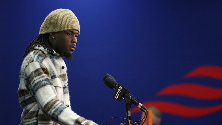 Denver Broncos wide receiver Jerry Jeudy talks during a news conference following an NFL football game against the Kansas City Chiefs, Sunday, Dec. 11, 2022, in Denver. (Jack Dempsey/AP)