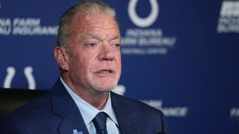 Indianapolis Colts owner Jim Irsay speaks during a news conference at the NFL football team's practice facility Monday, Nov. 7, 2022, in Indianapolis. (Darron Cummings/AP)