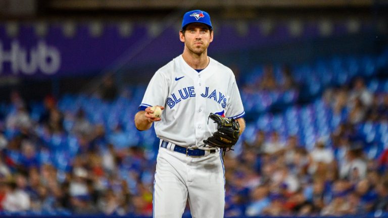 Toronto Blue Jays pitcher Jordan Romano (68) looks on before throwing a pitch during the ninth inning of interleague MLB action against the Philadelphia Phillies in Toronto on Tuesday, July 12, 2022. (Christopher Katsarov/CP)