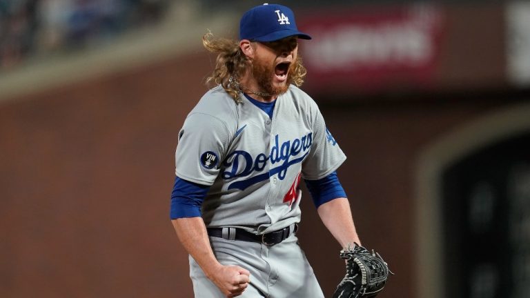 Los Angeles Dodgers pitcher Craig Kimbrel reacts after striking out San Francisco Giants' Austin Slater to end the baseball game in San Francisco, Wednesday, Aug. 3, 2022. (Jeff Chiu/AP Photo)