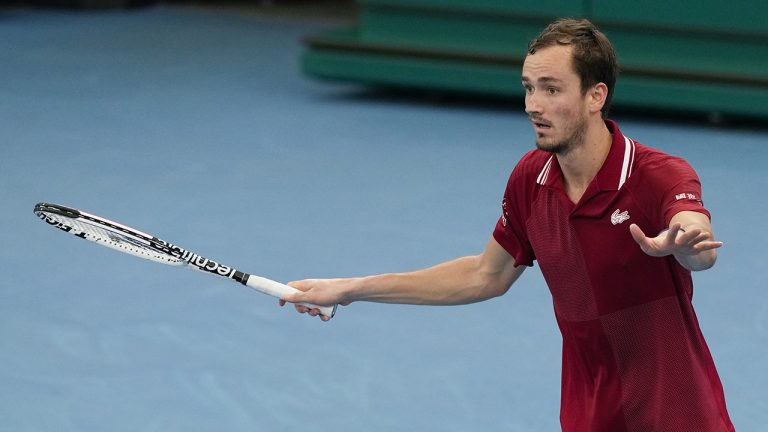 Russia's Danill Medvedev celebrates after defeating Italy's Matteo Berrettini in their match at the ATP Cup tennis tournament in Sydney, Australia, Thursday, Jan. 6, 2022. (Mark Baker/AP)