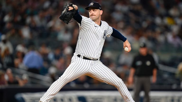 New York Yankees' Lucas Luetge pitches during the sixth inning of the team's baseball game against the Pittsburgh Pirates on Wednesday, Sept. 21, 2022, in New York. (Frank Franklin II/AP)