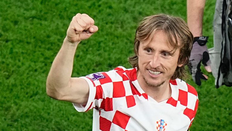 Croatia's Luka Modric celebrates after the World Cup quarterfinal soccer match between Croatia and Brazil, at the Education City Stadium in Al Rayyan, Qatar, Friday, Dec. 9, 2022. (Pavel Golovkin/AP)