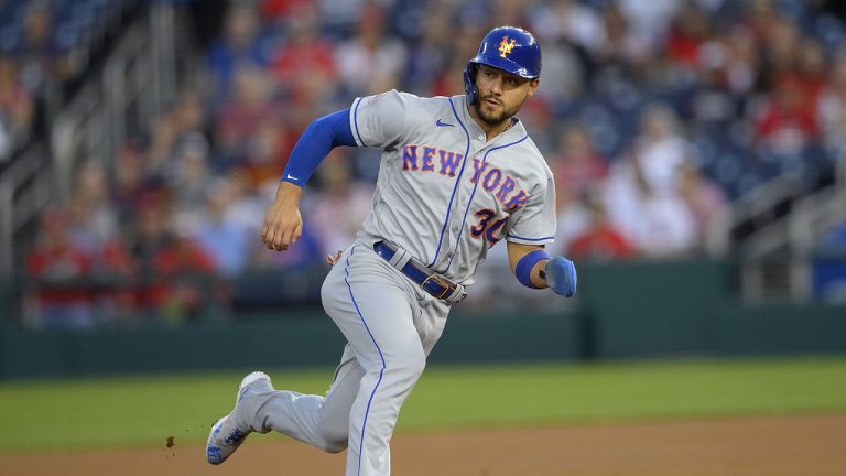 Former New York Mets outfielder Michael Conforto runs to third on a double by Kevin Pillar during the second inning of the team's baseball game against the Washington Nationals on Friday, Sept. 3, 2021, in Washington. (Nick Wass/AP)