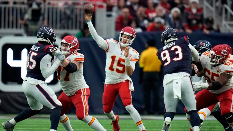 Kansas City Chiefs quarterback Patrick Mahomes (15) throws against the Houston Texans during the second half of an NFL football game Sunday, Dec. 18, 2022, in Houston. (Eric Christian Smith/AP)