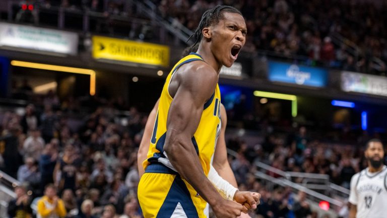 Indiana Pacers guard Bennedict Mathurin reacts after being fouled while scoring during the second half of an NBA basketball game against the Brooklyn Nets in Indianapolis, Friday, Nov. 25, 2022. On Wednesday he collected the first NBA Rookie of the Month award for this season (Doug McSchooler/AP Photo)