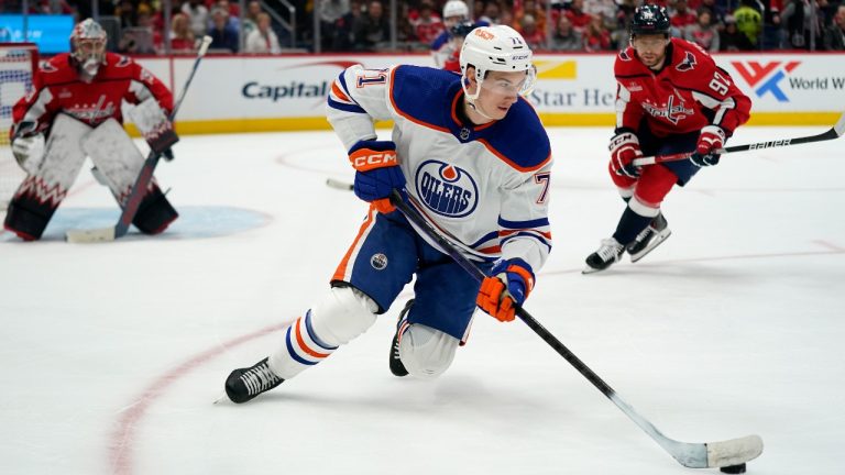 Edmonton Oilers center Ryan McLeod skates with the puck in the second period of an NHL hockey game against the Washington Capitals, Monday, Nov. 7, 2022, in Washington. (Patrick Semansky/AP Photo)