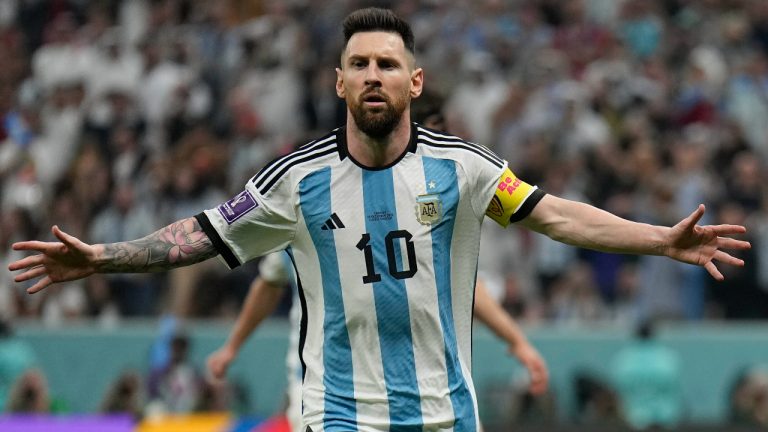 Argentina's Lionel Messi celebrates after scoring his side's first goal during the World Cup semifinal soccer match between Argentina and Croatia at the Lusail Stadium in Lusail, Qatar, Tuesday, Dec. 13, 2022. (Martin Meissner/AP)