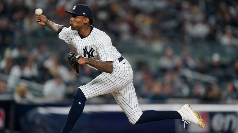 New York Yankees relief pitcher Miguel Castro delivers against the Houston Astros during the eighth inning of Game 3 of an American League Championship baseball series, Saturday, Oct. 22, 2022, in New York. (John Minchillo/AP)