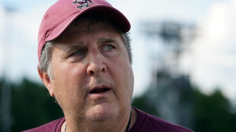 Mississippi State coach Mike Leach talks to reporters after the NCAA college football team's practice Friday, Aug. 5, 2022, in Starkville, Miss. (AP Photo/Rogelio V. Solis)