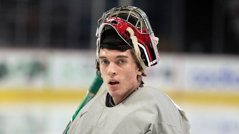 Goaltender Thomas Milic takes a break during the Canadian World Junior Hockey Championships selection camp in Moncton, N.B., Friday, December 9, 2022. (Ron Ward/THE CANADIAN PRESS)