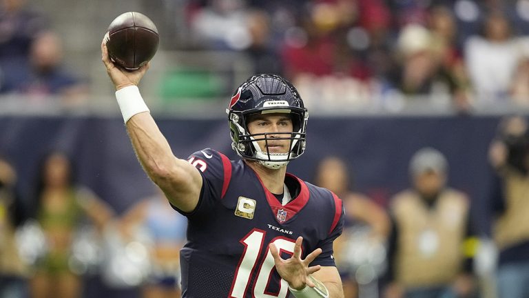 Houston Texans quarterback Davis Mills throws against the Washington Commanders during the first half of an NFL football game Sunday, Nov. 20, 2022, in Houston. (David J. Phillip/AP)